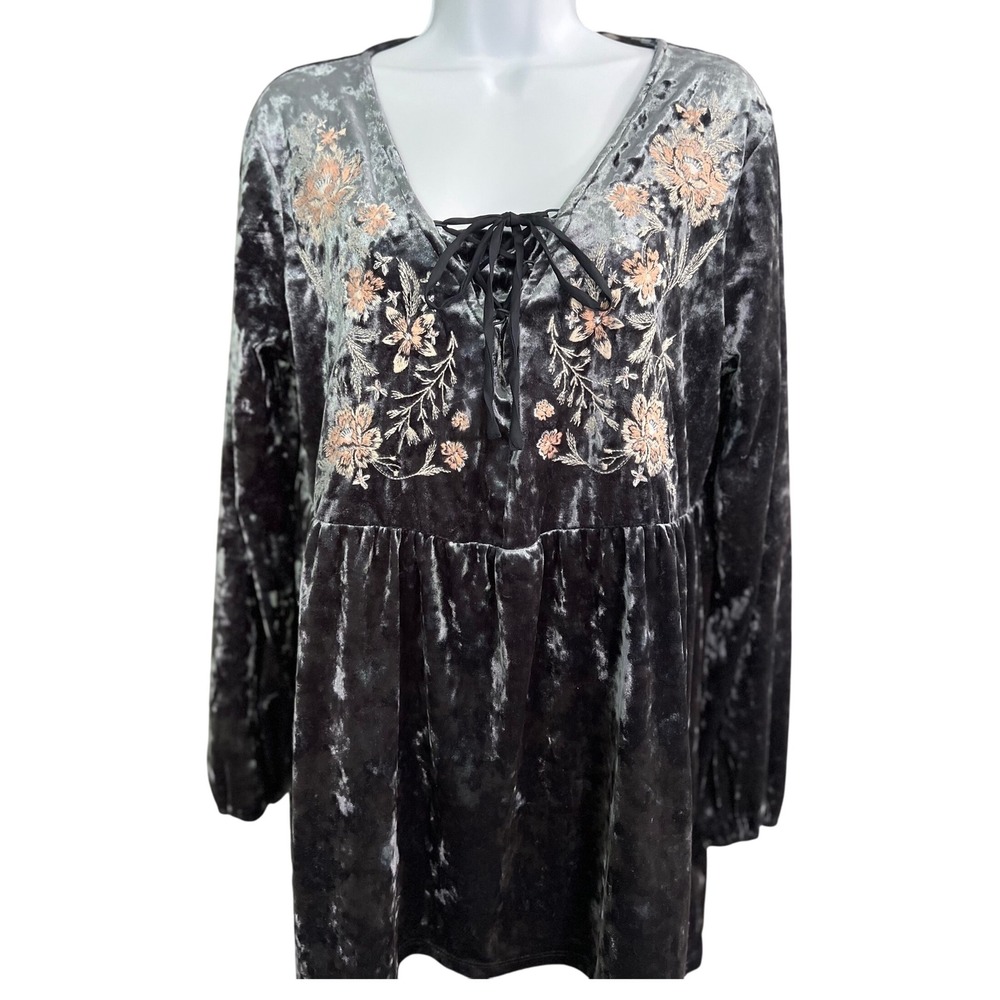 Style&Co Velvet Peplum Top M Gray Lace Up Embroider Boho‎ Fantasy Whimsy Peasant